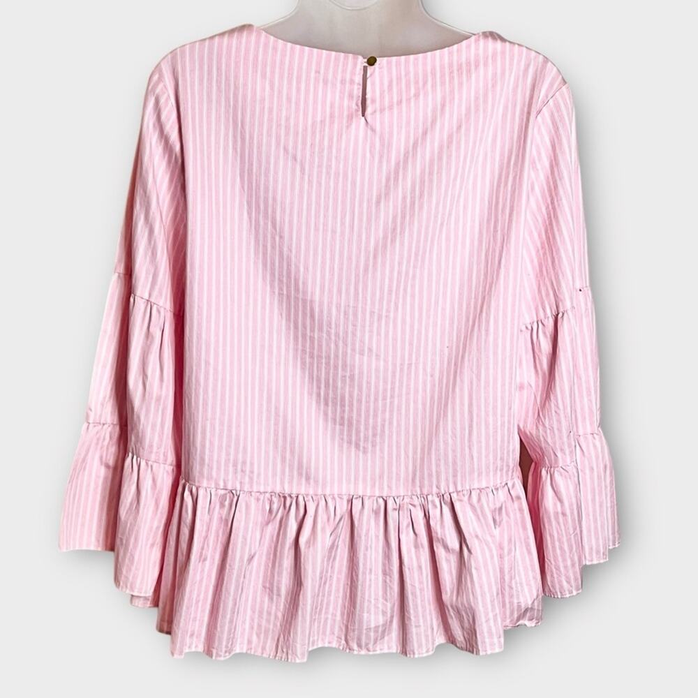 Tyler Boe Pink & White Striped Ruffled Peplum Bell Sleeve Blouse - Picture 3 of 6